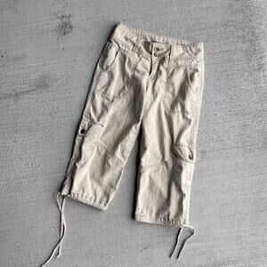 y2k vintage 2000's tan linen cotton midrise loose cargo cropped capri pants 6